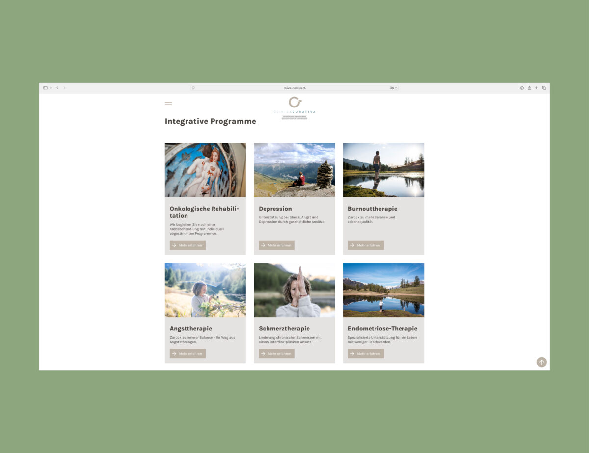 Übersicht der integrativen Rehabilitationsprogramme auf der Website der Clinica Curativa, Center da sandà Engiadina Bassa