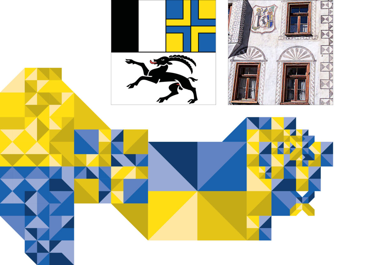 Herleitung des BGV-Signets aus Bündner Wappen und Sgraffito-Fassaden zum Mosaik-Raster in Gelb und Blau