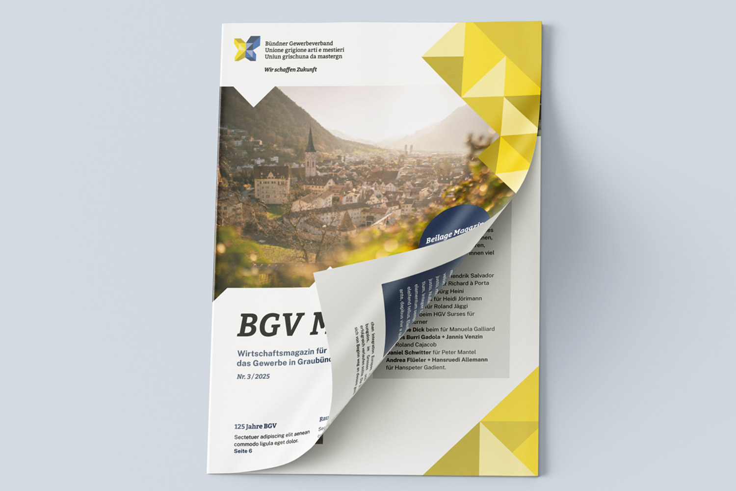 Publikation im neuen Corporate Design des Bündner Gewerbeverbands mit gelbem Identity-Raster