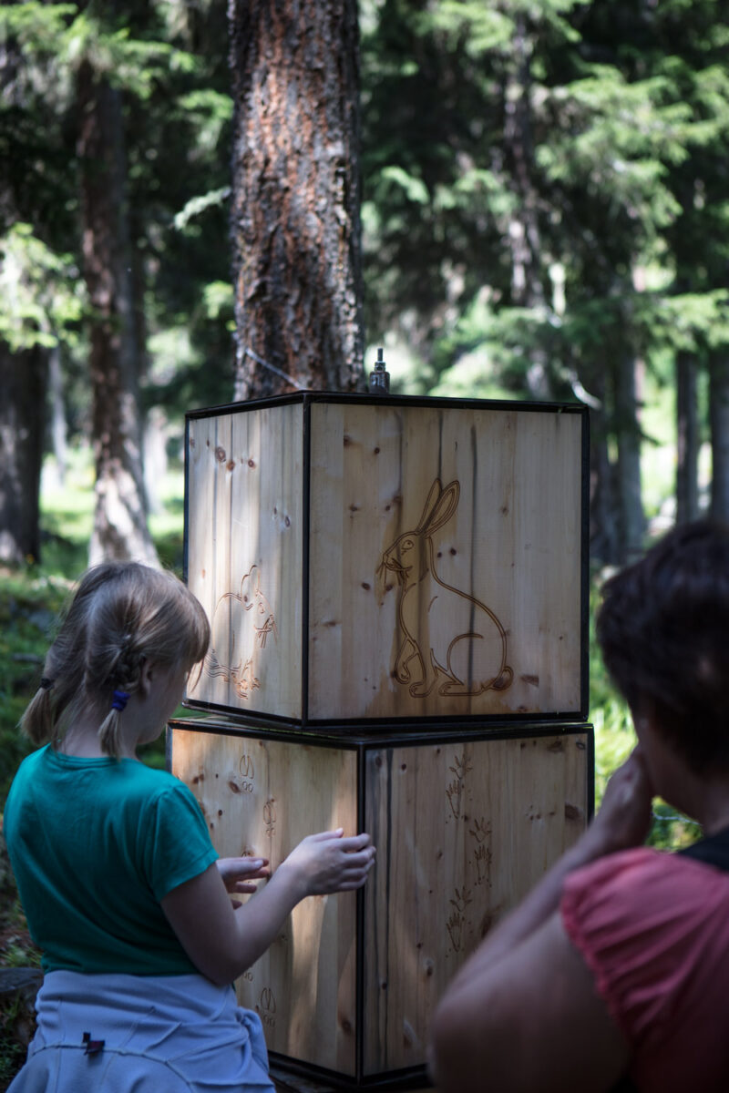 Mädchen dreht einen Holzwürfel mit Hasenmotiv am Schellen-Ursli-Weg in Guarda