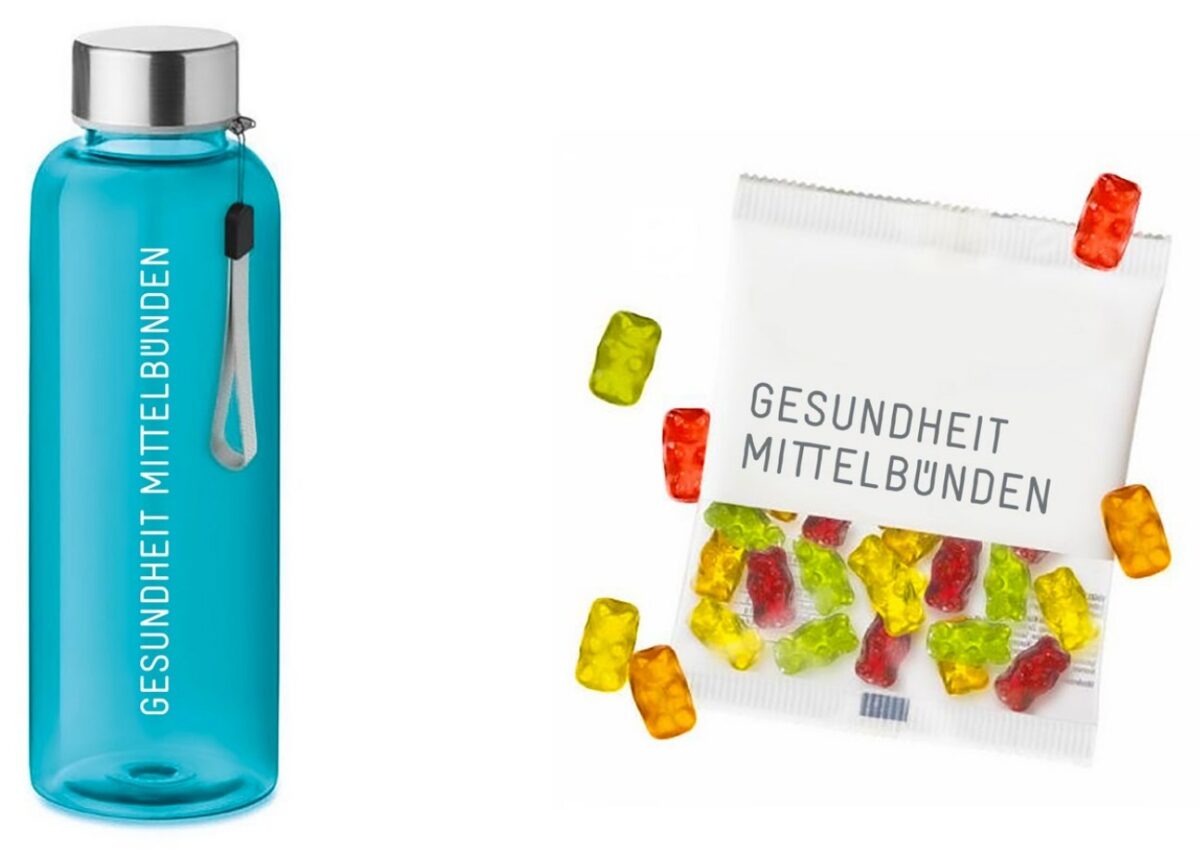 Giveaways Gesundheit Mittelbünden: Trinkflasche und Gummibärchen-Beutel mit Wortmarke