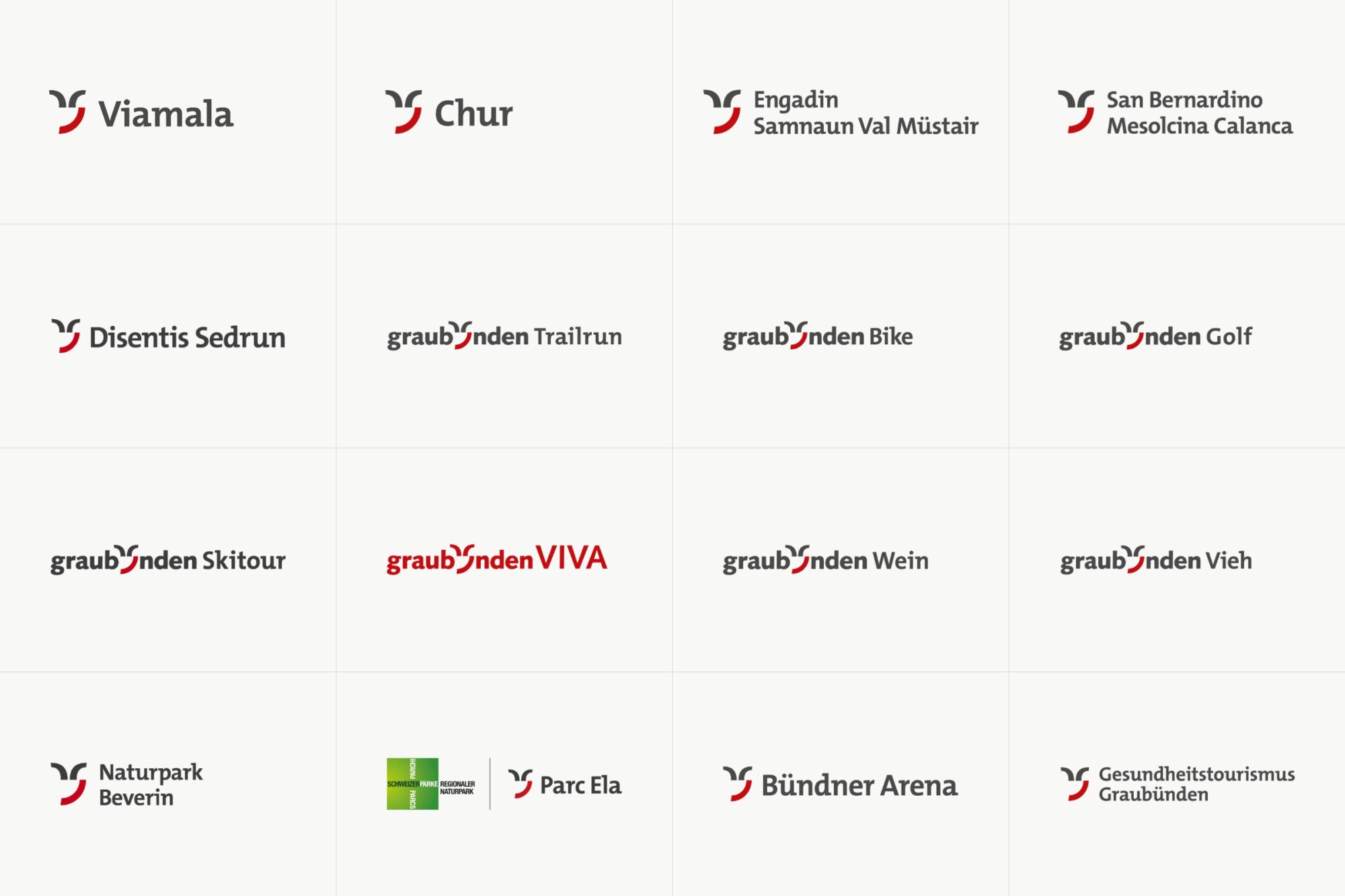 Partner- und Themenauftritte im System der Marke graubünden: Viamala, Chur, Engadin Samnaun Val Müstair, San Bernardino, Disentis Sedrun, graubünden Trailrun, Bike, Golf, Skitour, VIVA, Wein, Vieh und weitere