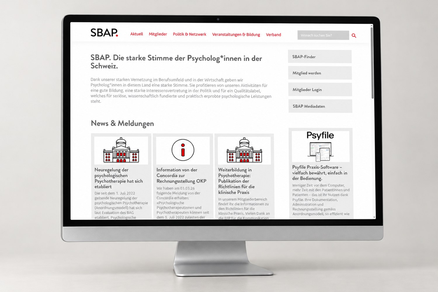 Website des Schweizerischen Berufsverbands für Angewandte Psychologie SBAP auf Desktop: Startseite mit News und Icons – Konzept, Design und Programmierung von Hü7