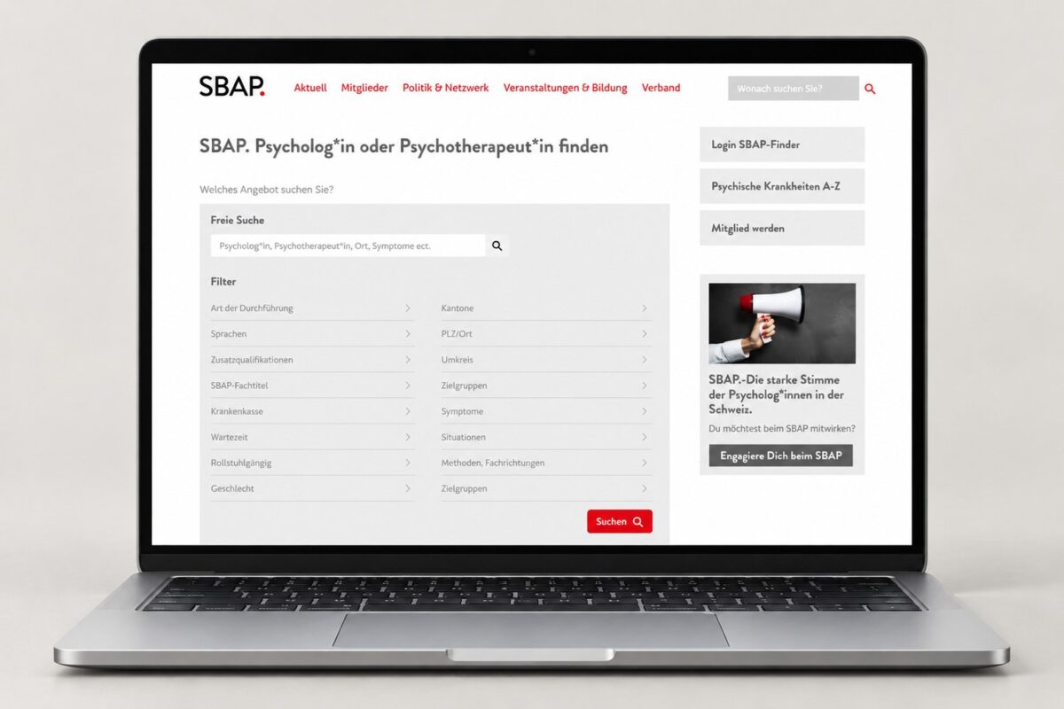 SBAP-Finder auf Laptop: Psychologin oder Psychotherapeut finden mit 16 Filtern wie Wartezeit, Krankenkasse, Symptome und Umkreis