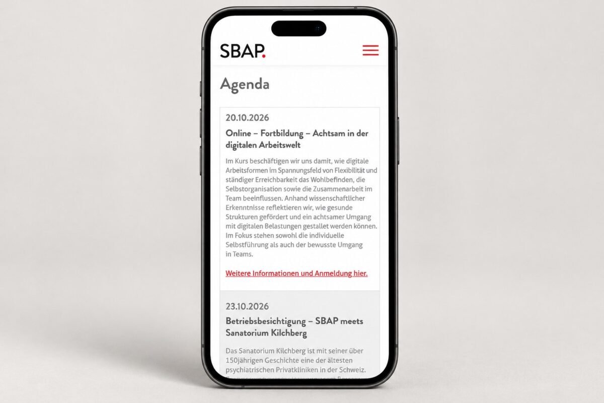 Mobile Agenda der SBAP-Website mit Fortbildungen und Veranstaltungen