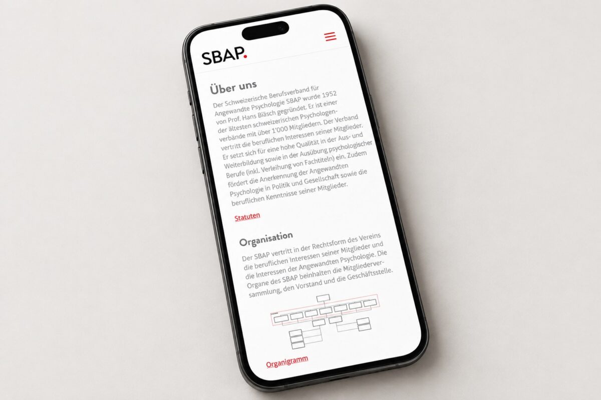 Mobile Ansicht der SBAP-Website: Über uns und Organisation des Berufsverbands