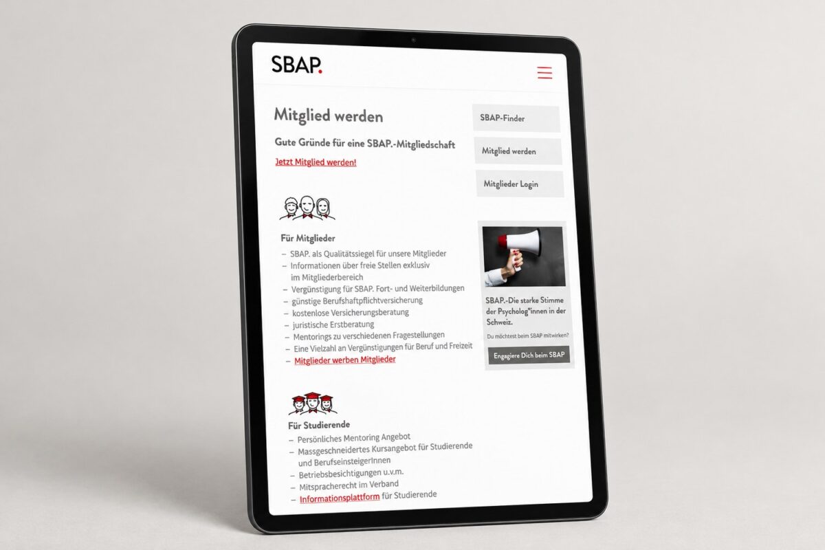 SBAP-Website auf Tablet: Vorteile der Mitgliedschaft für Mitglieder und Studierende