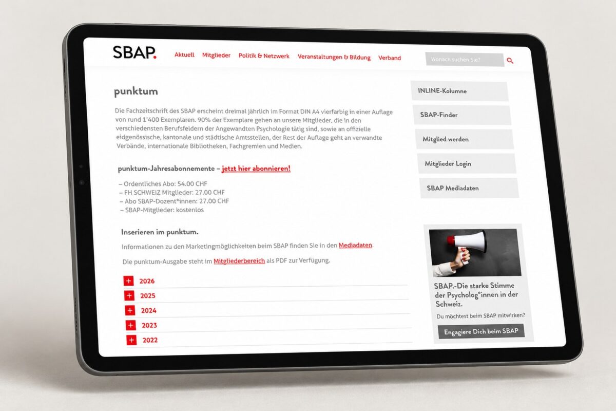 Seite der SBAP-Fachzeitschrift punktum mit Abo, Mediadaten und Archiv auf Tablet