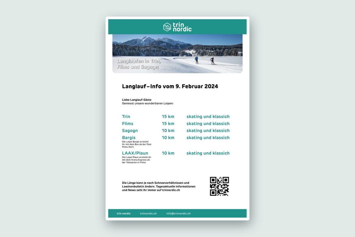 Automatisch generierter Loipenbericht von trin nordic als druckbares A4-PDF mit Loipen, Kilometern, Laufstil und QR-Code