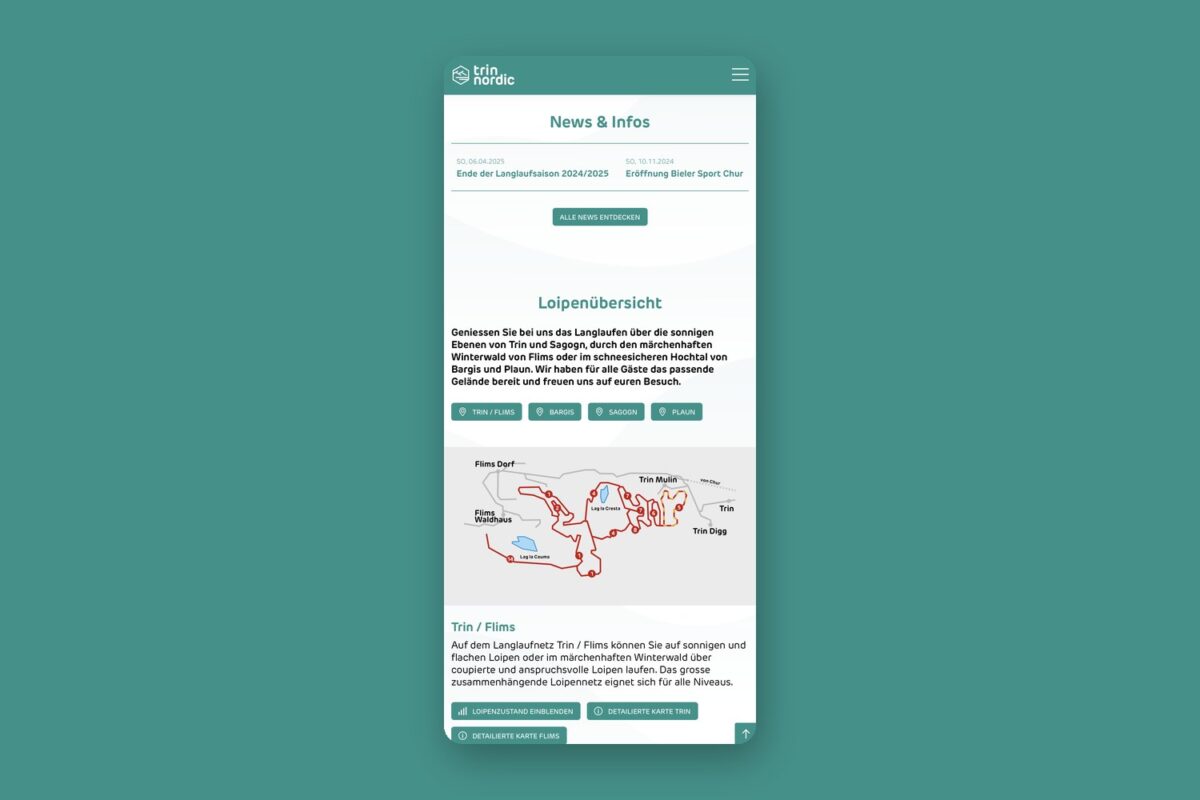 Mobile Loipenübersicht trin nordic mit News, Gebietsauswahl und Loipenzustand