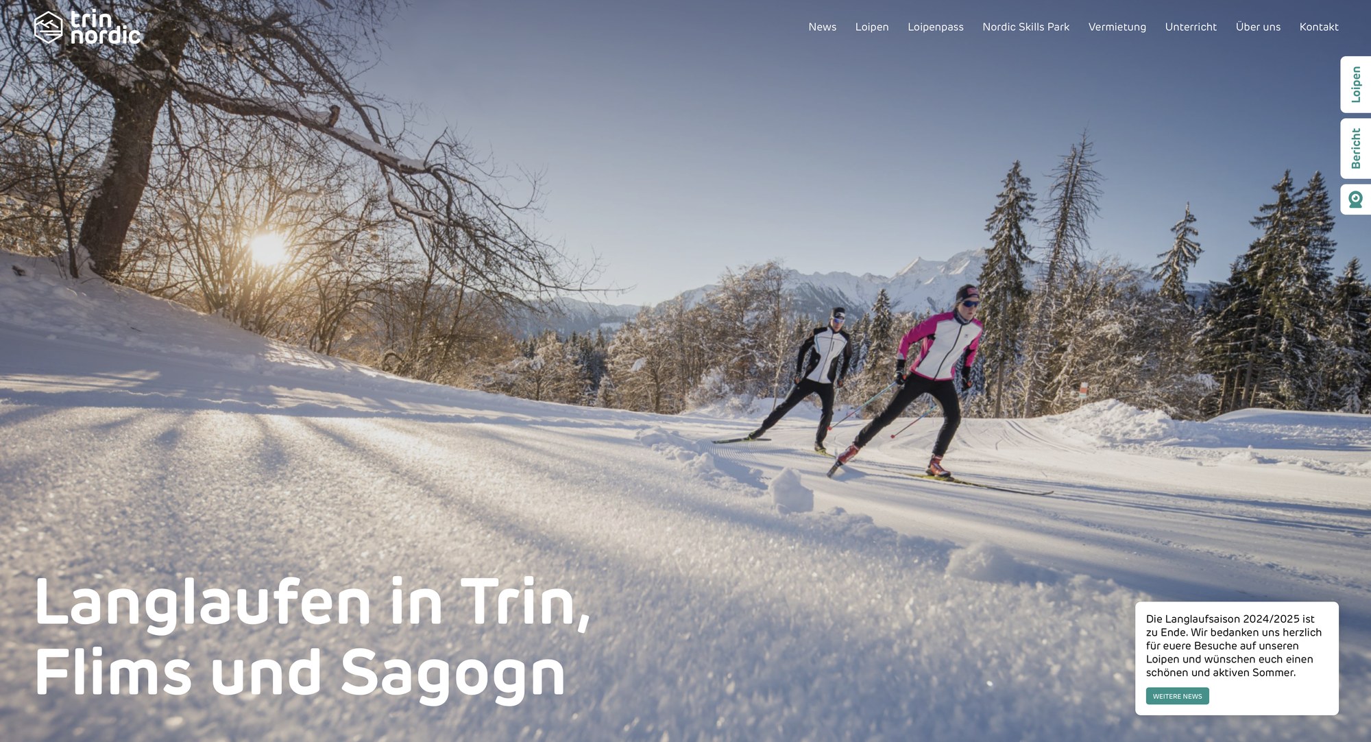 Website trin nordic: Langlaufen in Trin, Flims und Sagogn – Startseite mit Langlaufbild und Registern für Loipen und Loipenbericht, umgesetzt von Hü7