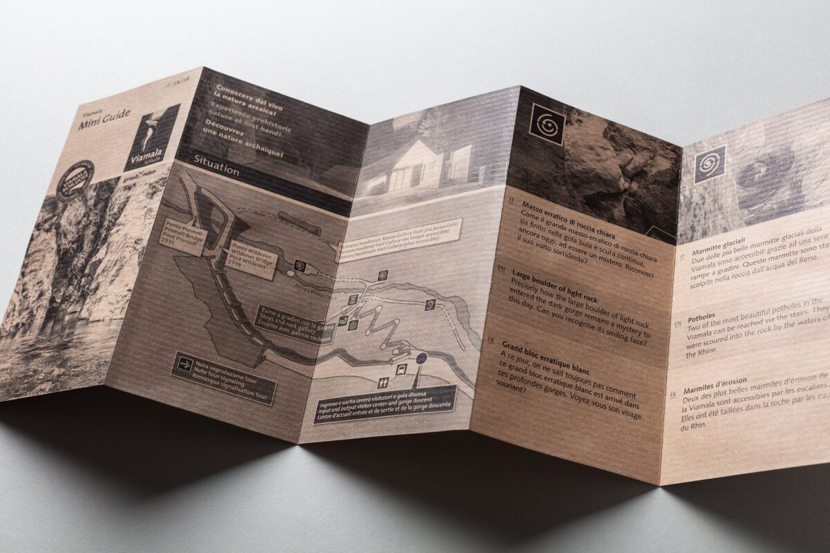 Mehrsprachiger Mini Guide der Viamala-Schlucht mit Situationsplan, Brücken, Galerien und Piktogrammen zu den Stationen